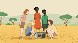 Une illustration montrant cinq jeunes autour d'une radio